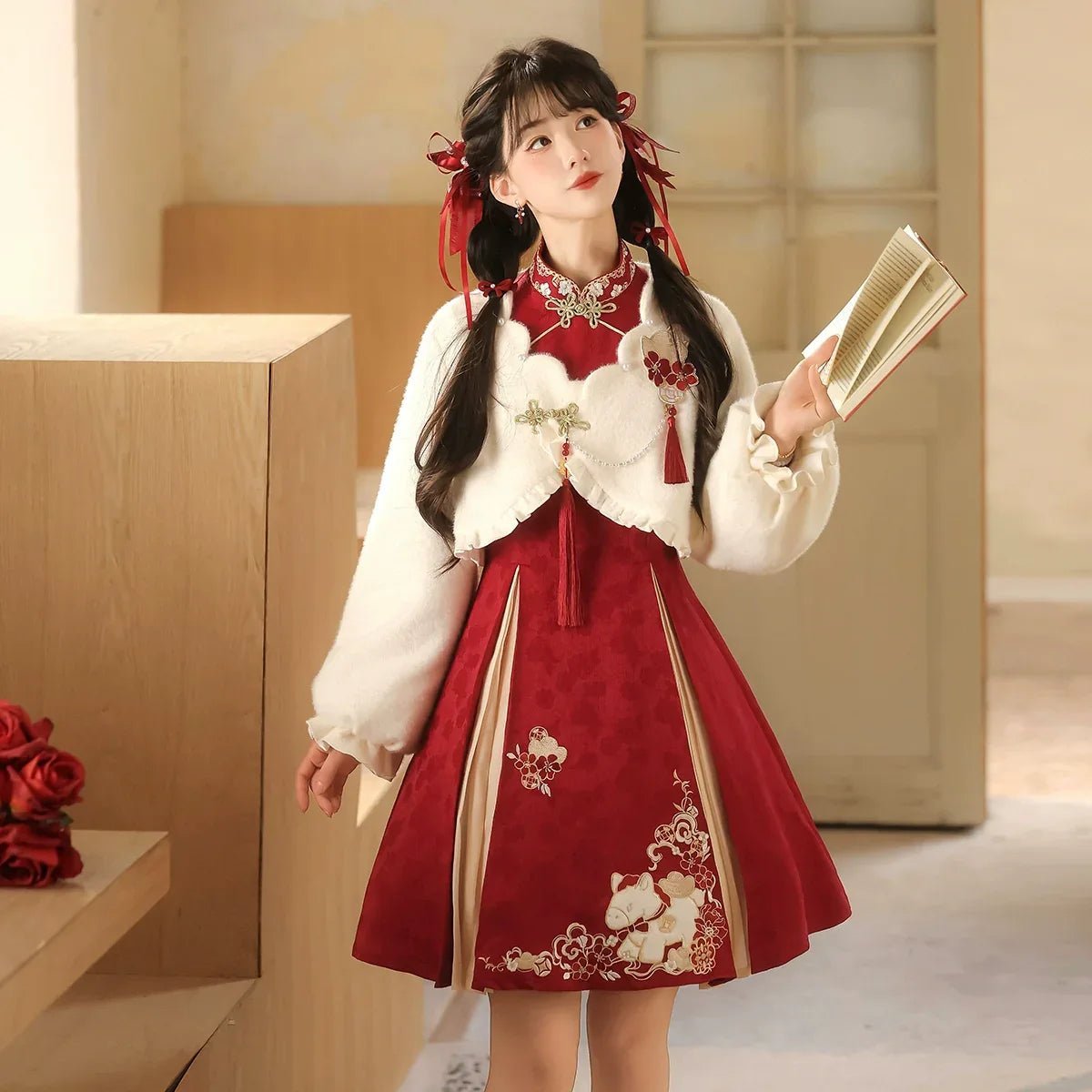 “Lucky Pony” – Red New-Year Hanfu Qipao Set | Modern Chinese Festive Outfit (Autumn/Winter) - Image 4