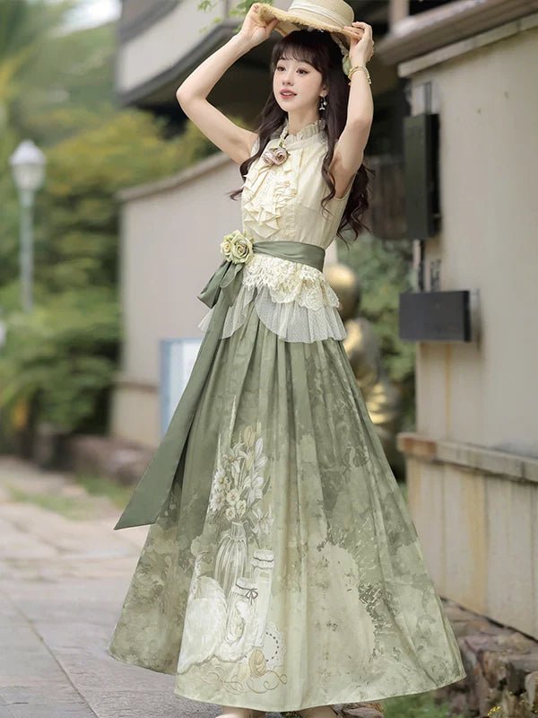 Morning Time Green Women's New Chinese Style Sleeveless Top Half Body Long Skirt Han Element Suit - 이미지 4
