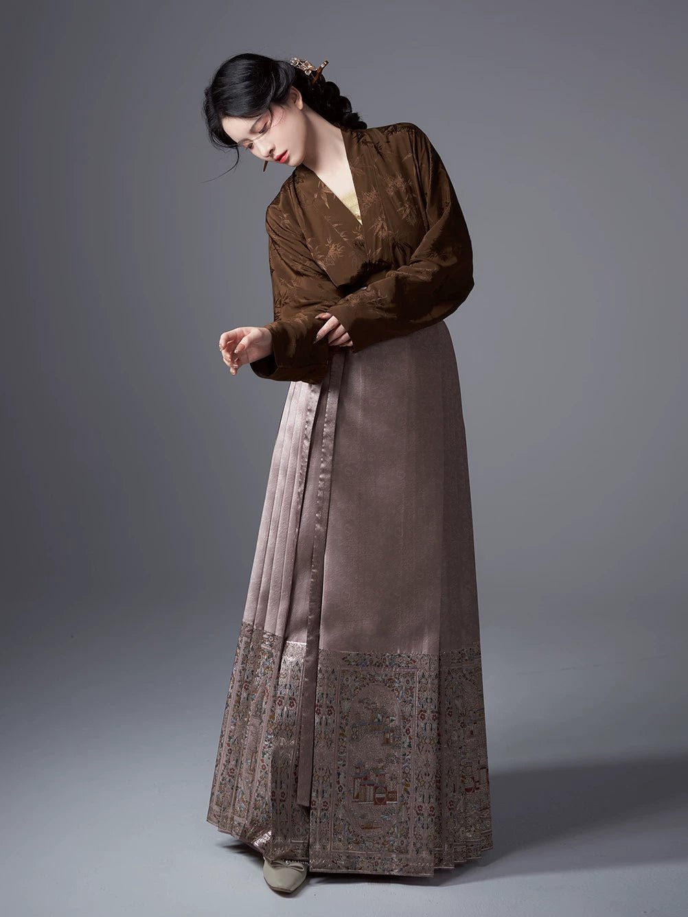 Ming Hanfu Song Jin dark pattern jacquard plane sleeve imitation makeup flower horse dress women's suit - 이미지 4