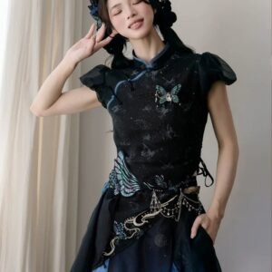 Butterfly Under the Lamp – Spring New Chinese Style Hanfu 4-Piece Set | Short Top, Skirt & Waist Accessories