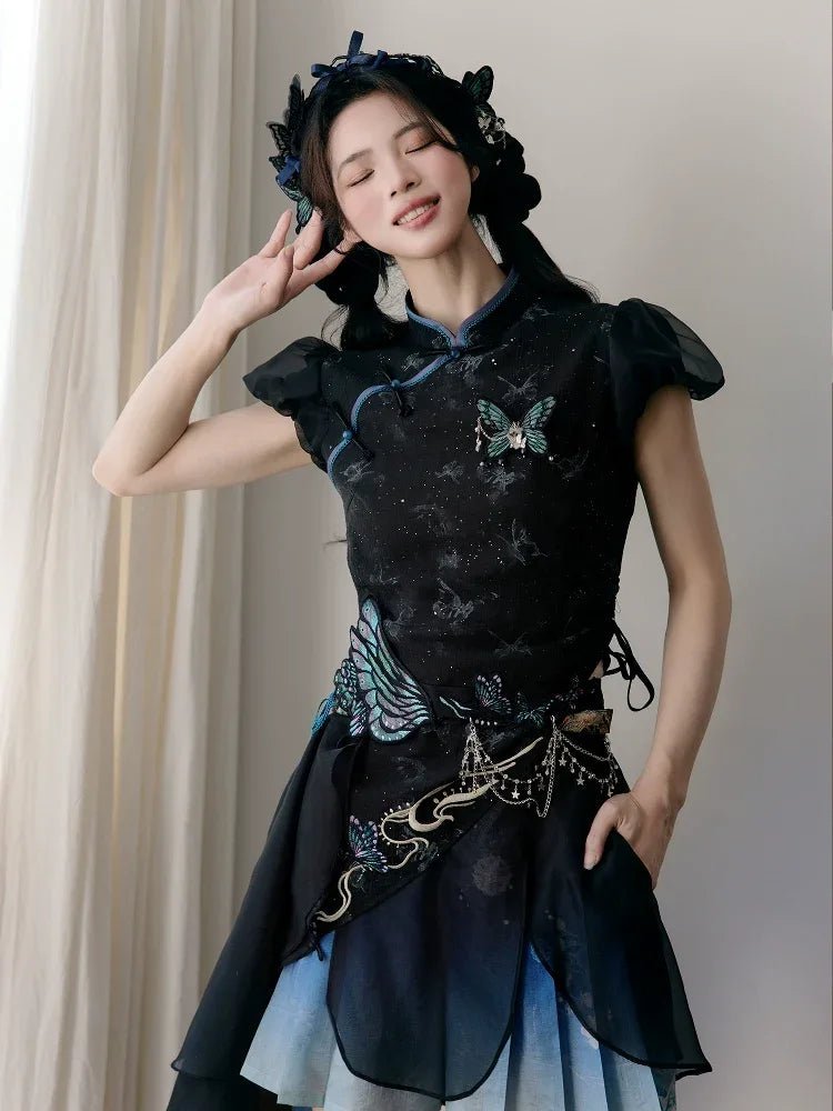 Butterfly Under the Lamp – Spring New Chinese Style Hanfu 4-Piece Set | Short Top, Skirt & Waist Accessories