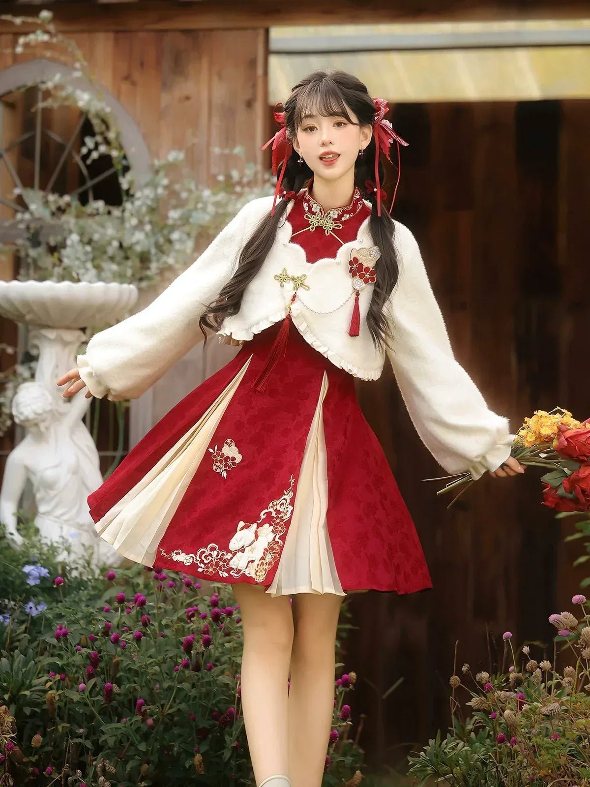 “Lucky Pony” – Red New-Year Hanfu Qipao Set | Modern Chinese Festive Outfit (Autumn/Winter) - Image 6
