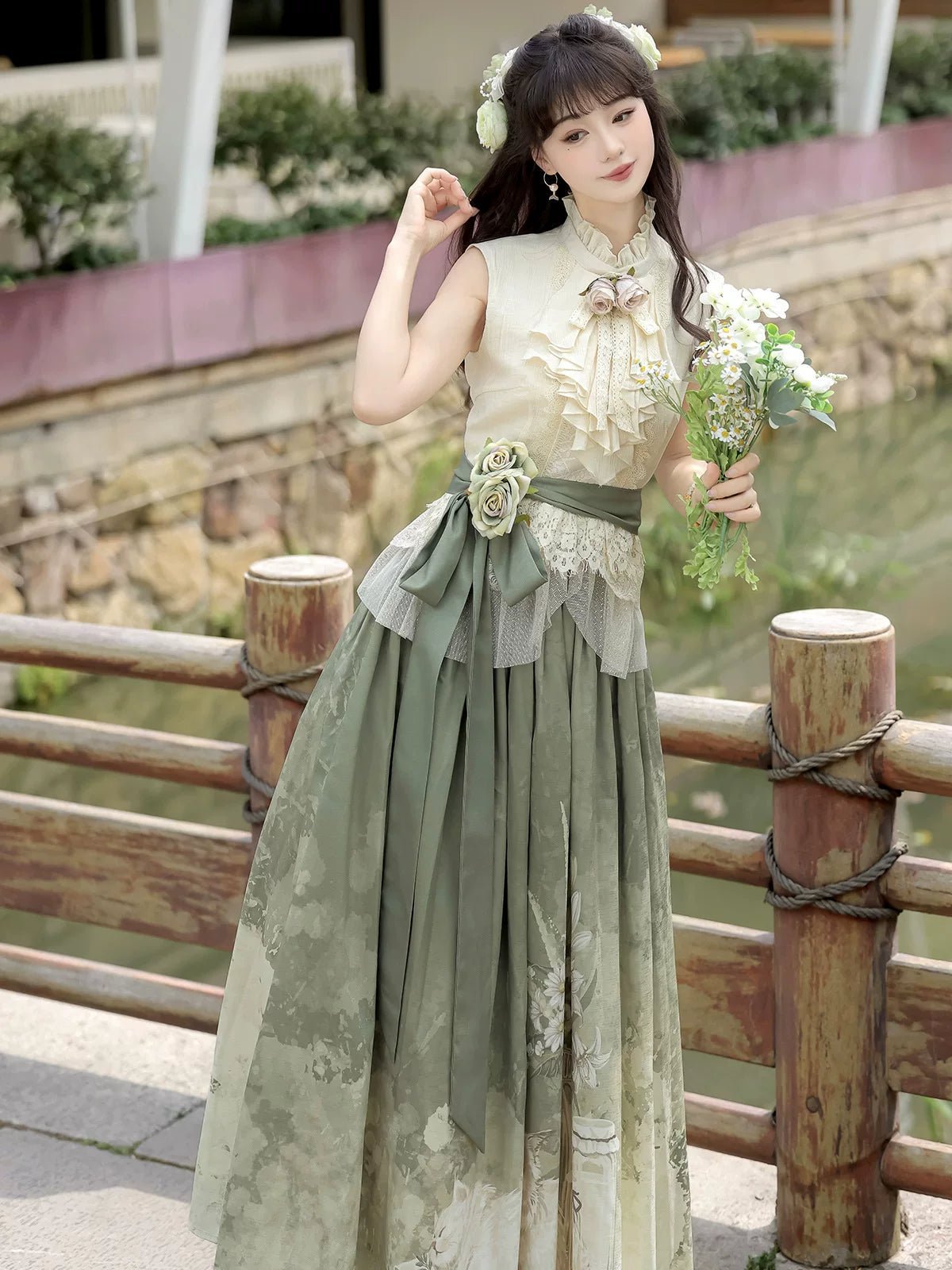 Morning Time Green Women's New Chinese Style Sleeveless Top Half Body Long Skirt Han Element Suit - 이미지 6