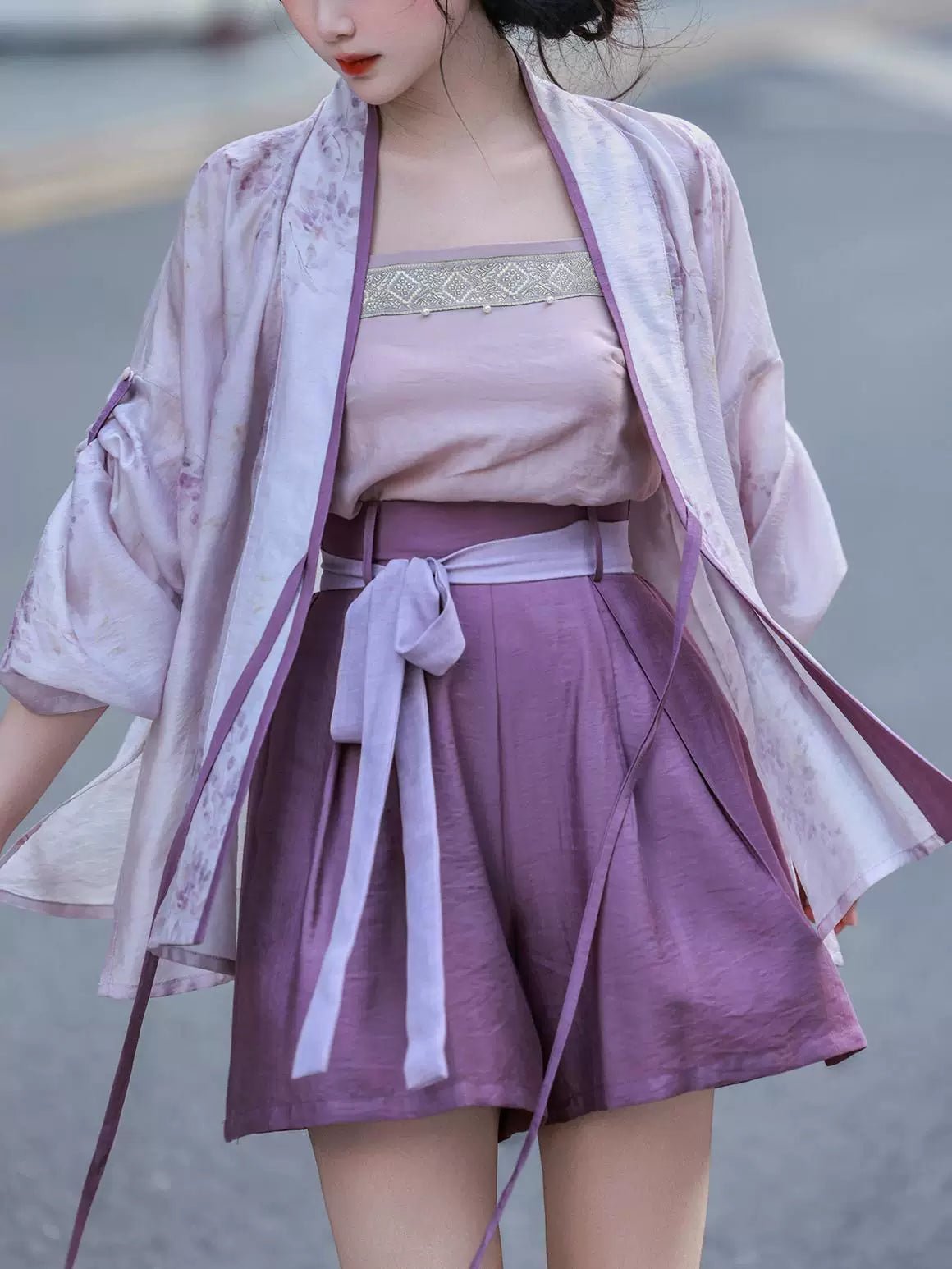 Fendai Purple Hanfu Collection | Tencel Shirt, Tang Beizi, Sling Top & Shorts - Image 3