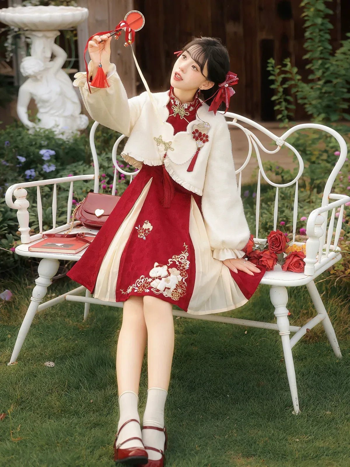 “Lucky Pony” – Red New-Year Hanfu Qipao Set | Modern Chinese Festive Outfit (Autumn/Winter) - Image 2