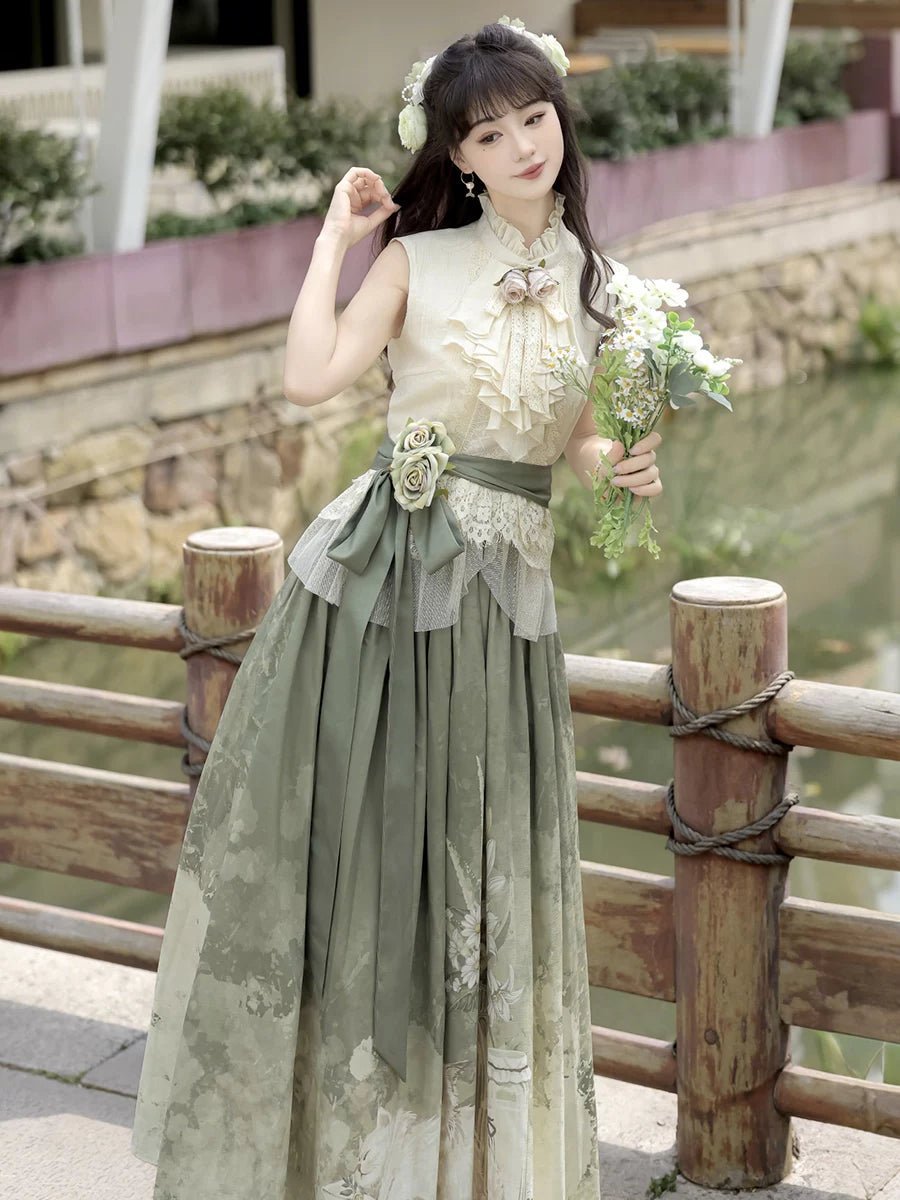 Morning Time Green Women's New Chinese Style Sleeveless Top Half Body Long Skirt Han Element Suit - 이미지 2