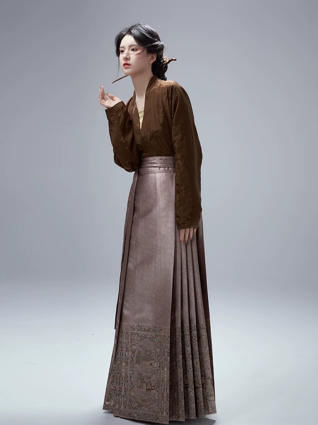 Ming Hanfu Song Jin dark pattern jacquard plane sleeve imitation makeup flower horse dress women's suit - 이미지 2