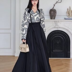 "Flower Branch Ink" Hanfu Set | Cotton Linen Stand-Collar Shirt + Black 6m Pleated Skirt | Tang-Inspired