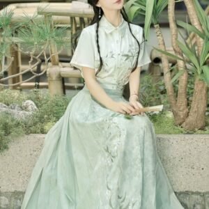 Green Hanfu Summer Set | Embroidered Short Sleeve & Horse Face Skirt