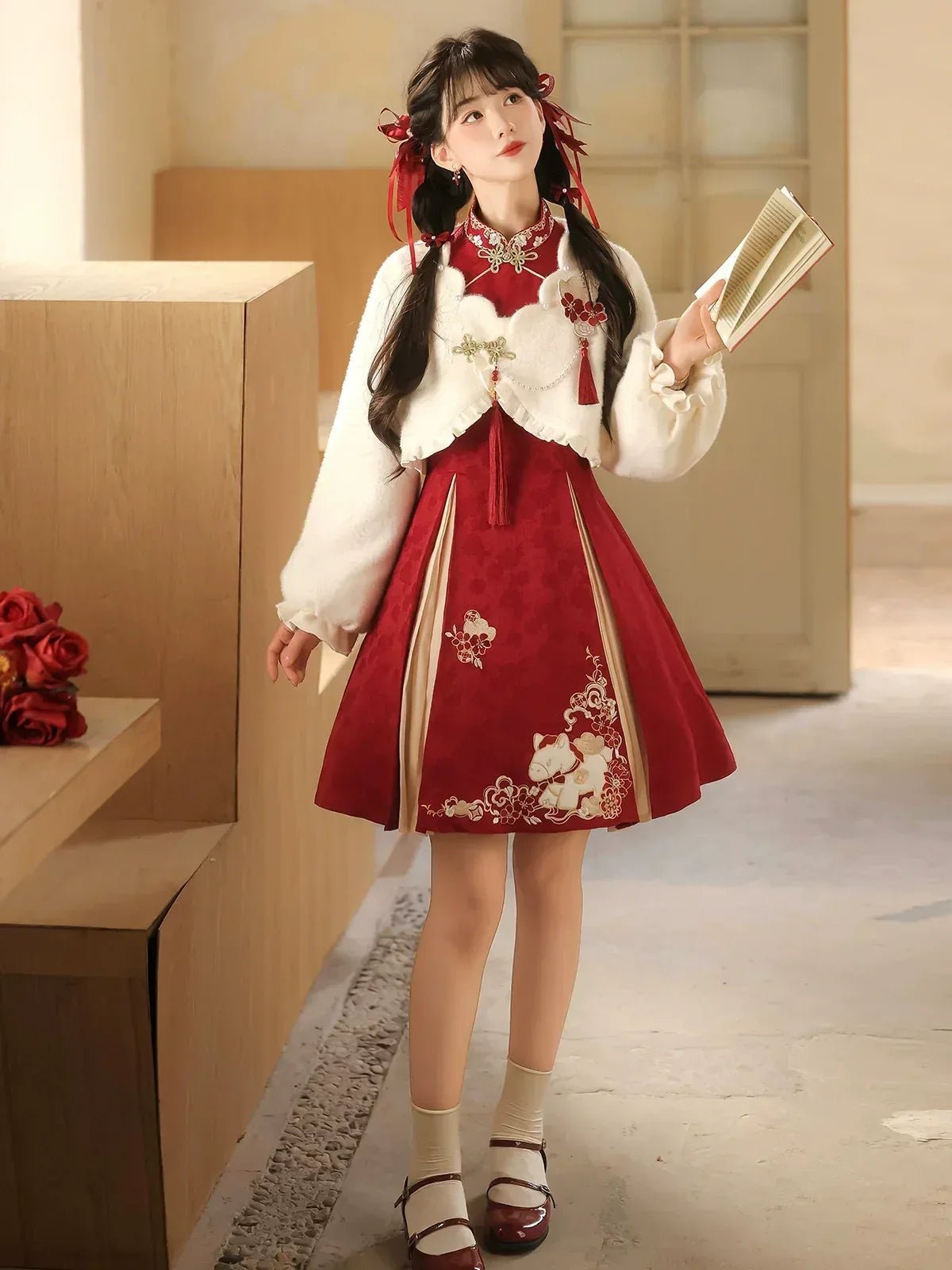 “Lucky Pony” – Red New-Year Hanfu Qipao Set | Modern Chinese Festive Outfit (Autumn/Winter) - Image 3