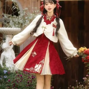 “Lucky Pony” – Red New-Year Hanfu Qipao Set | Modern Chinese Festive Outfit (Autumn/Winter)