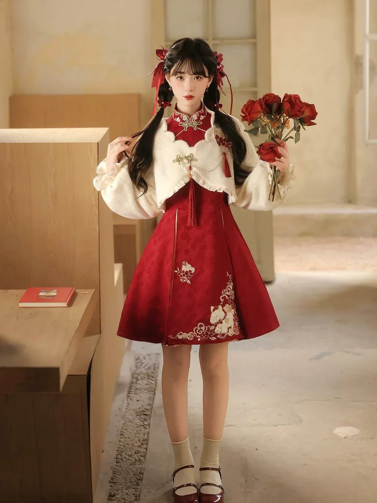 “Lucky Pony” – Red New-Year Hanfu Qipao Set | Modern Chinese Festive Outfit (Autumn/Winter) - Image 5