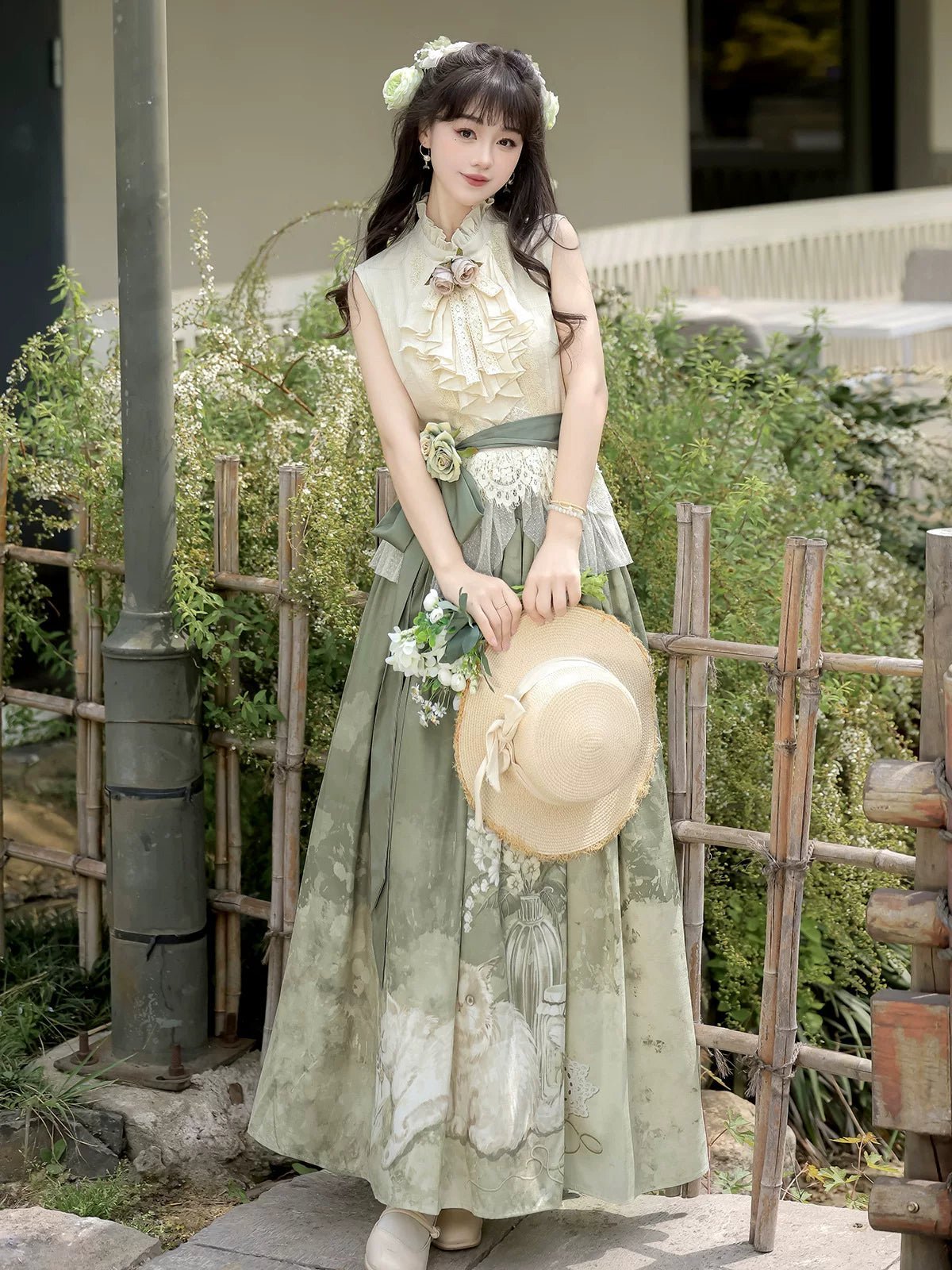 Morning Time Green Women's New Chinese Style Sleeveless Top Half Body Long Skirt Han Element Suit - 이미지 5