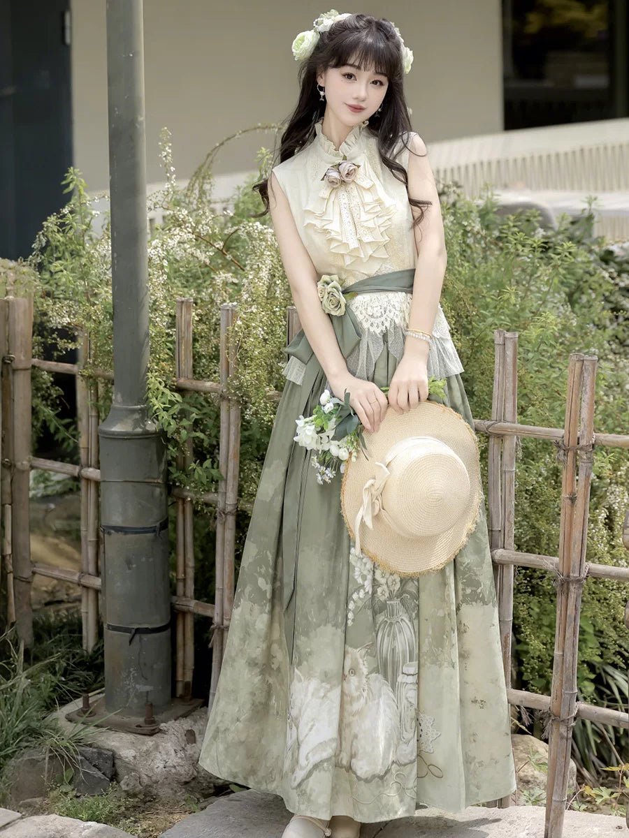Morning Time Green Women's New Chinese Style Sleeveless Top Half Body Long Skirt Han Element Suit