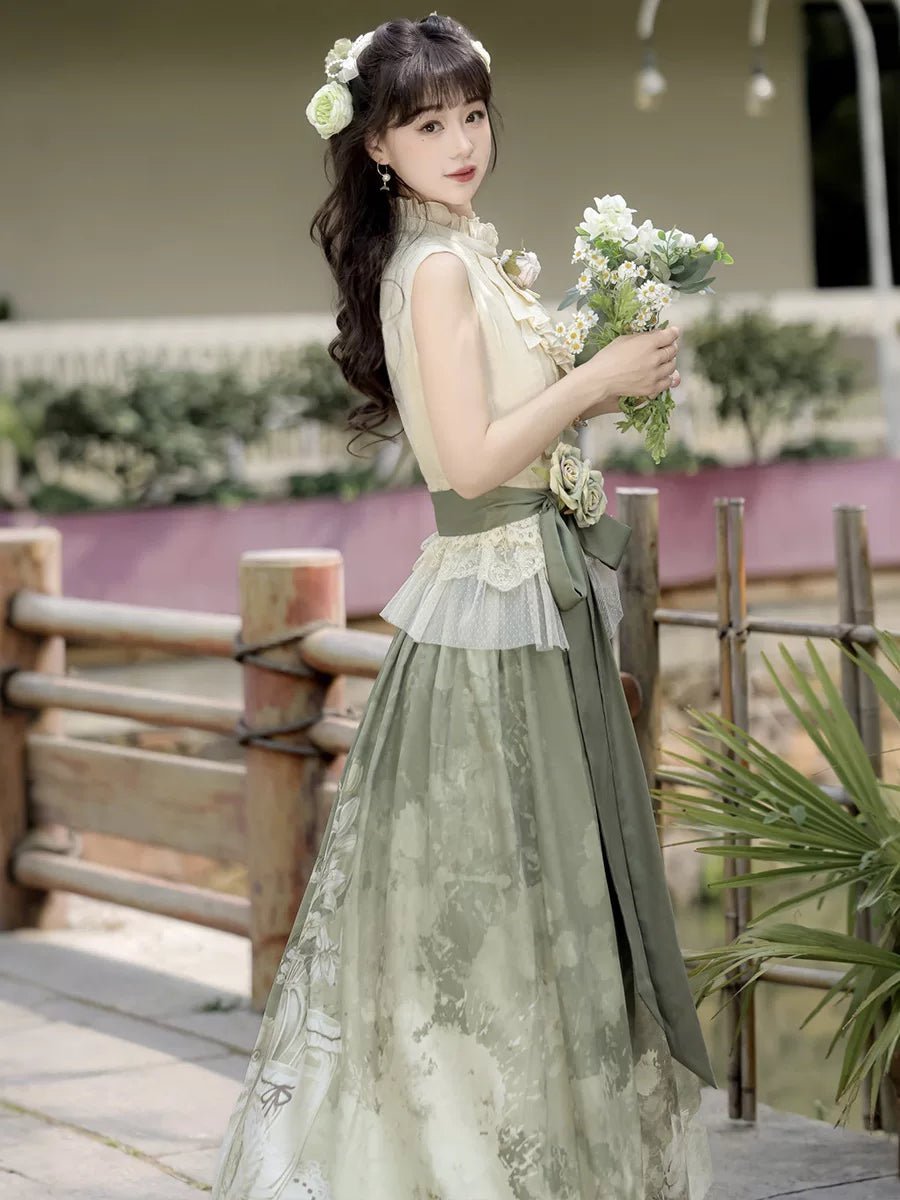 Morning Time Green Women's New Chinese Style Sleeveless Top Half Body Long Skirt Han Element Suit - 이미지 3
