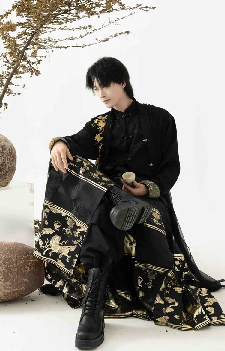 New Chinese Men's Hanfu Set | Stand-Up Collar Jacket, Long Gown Vest & Brocade Horse-Face Skirt - Image 6