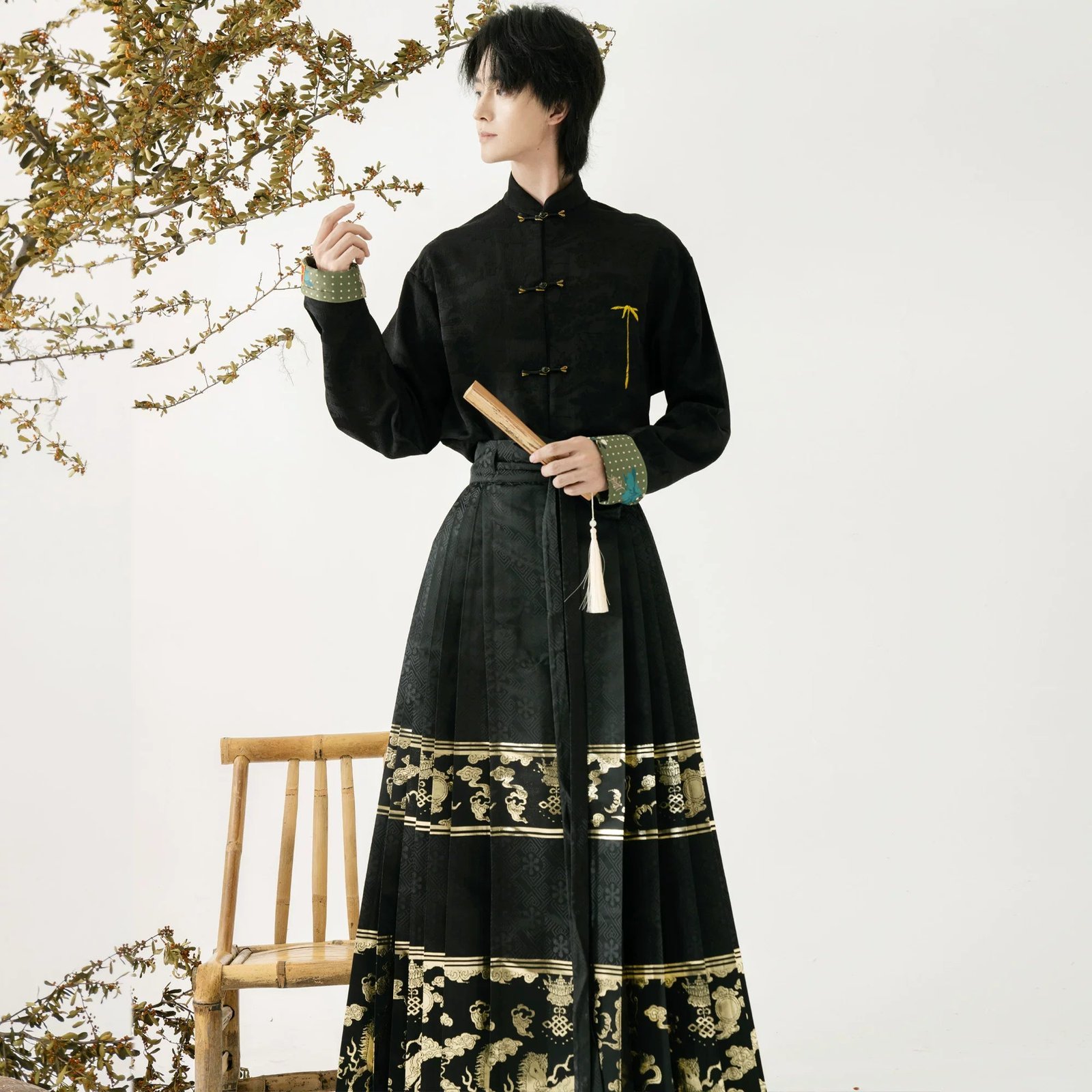New Chinese Men's Hanfu Set | Stand-Up Collar Jacket, Long Gown Vest & Brocade Horse-Face Skirt - Image 2