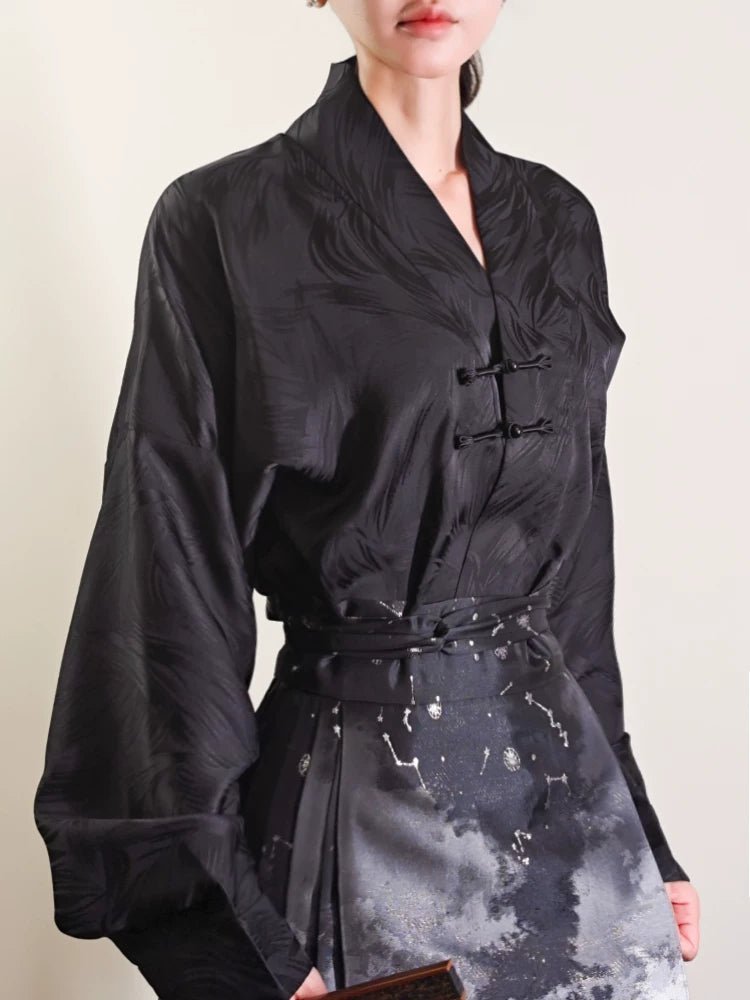 Aircraft Sleeve Jacquard Top | Horse-Face Skirt Pairing Shirt | Black & Beige - Image 3