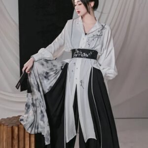 Plum blossom words, Chinese elements, new Chinese style, black and white, Kusa improved Song pants stand-up collar shirt, spring and summer men and women