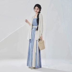 [Sea Breeze Sketch] - Daily Hanfu Set with Song Cross-Collar Blouse & Pleated Skirt