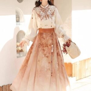 Maple Leaf Hanfu Women's New Chinese Style Daily Han Element Cloud Shoulder Top Three-pleated Skirt Set Spring
