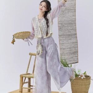 Sunny Brocade – Hanfu-Inspired Vest & Song Pants Set for Women