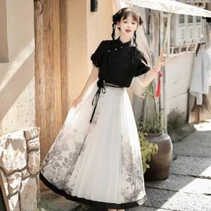 New Chinese style black top shirt print skirt set spring and summer