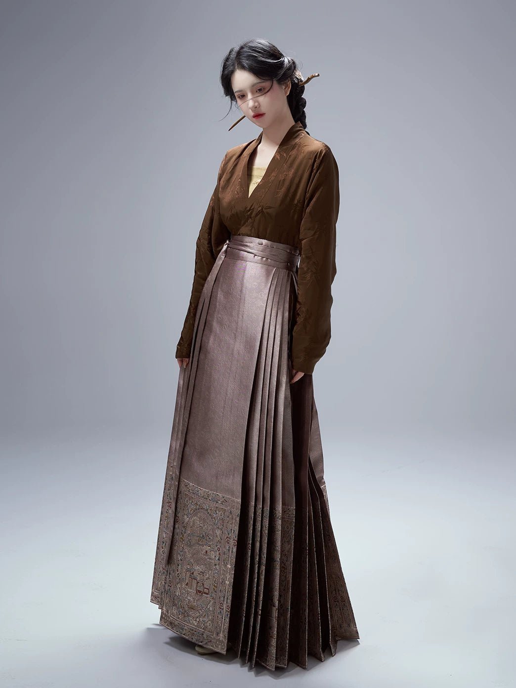 Ming Hanfu Song Jin dark pattern jacquard plane sleeve imitation makeup flower horse dress women's suit - 이미지 5