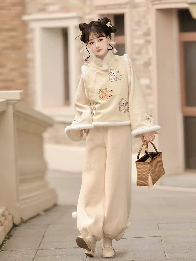 Raccoon Embroidered Hanfu Vest Set for Women – Short Vest with New Chinese Style Lantern Pants & Qipao Skirt, Autumn/Winter Outfit - Image 3