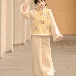 Raccoon Embroidered Hanfu Vest Set for Women – Short Vest with New Chinese Style Lantern Pants & Qipao Skirt, Autumn/Winter Outfit
