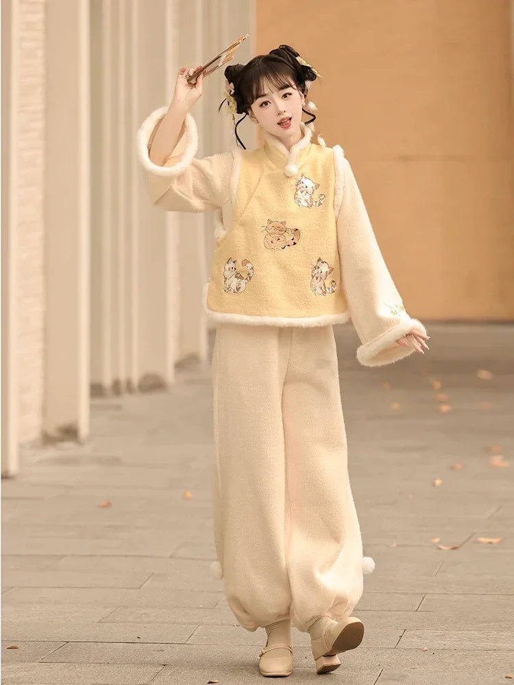 Raccoon Embroidered Hanfu Vest Set for Women – Short Vest with New Chinese Style Lantern Pants & Qipao Skirt, Autumn/Winter Outfit
