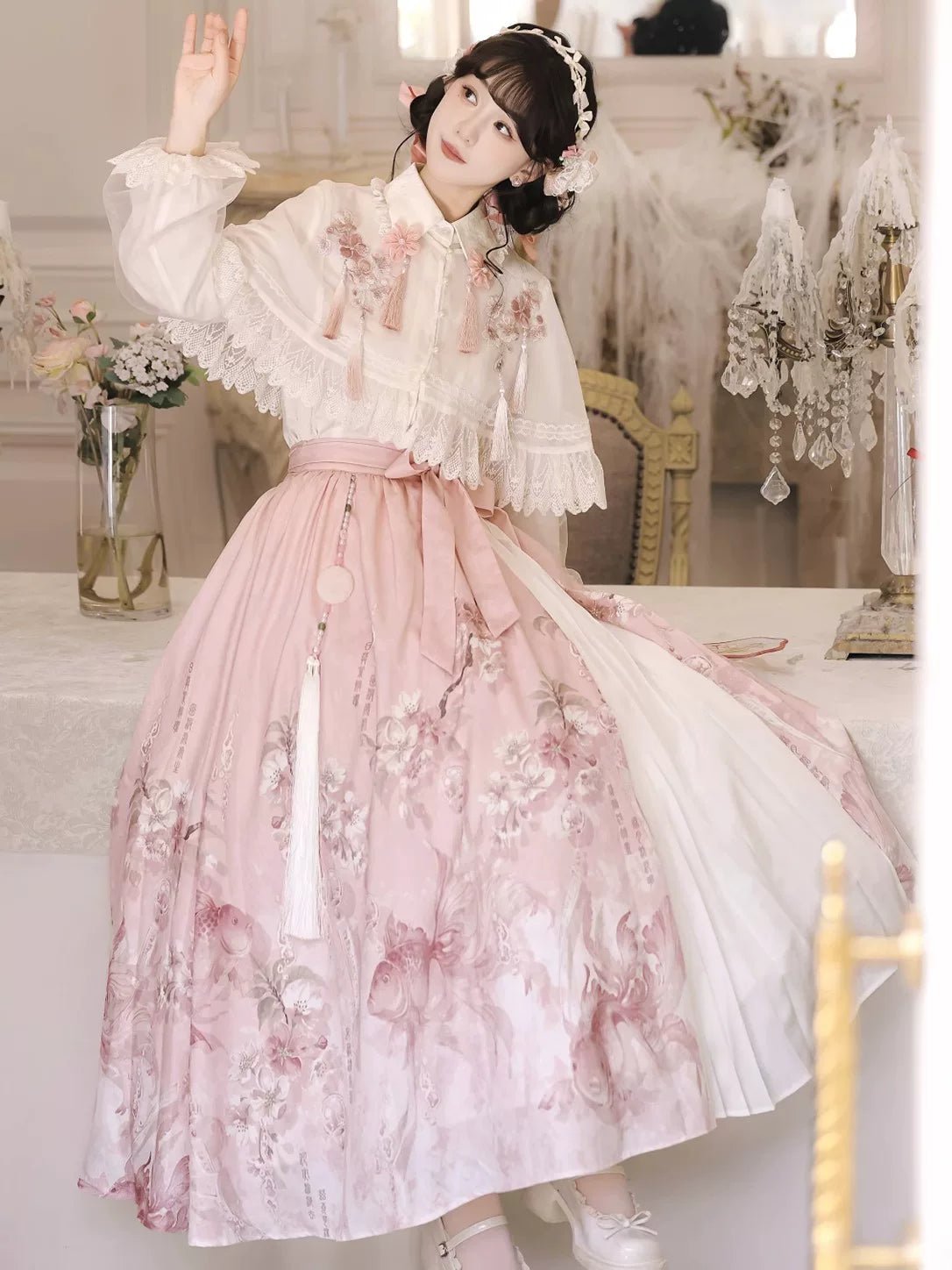 Sakura Rain Improved Hanfu Set | Modern Chinese Top Skirt & Shawl - Image 2