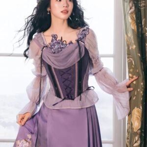 “Violet Nocturne” Brocade Hanfu Ensemble – Gold-Woven Mamian Skirt & Corset