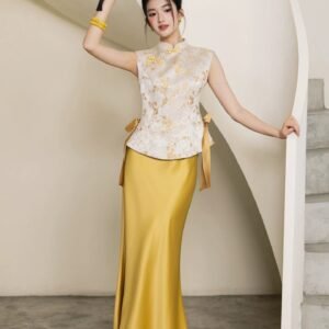 Xingle Golden Jacquard Vest Cheongsam Set | Modern Chinese Bridal Dress with Fishtail & A-Line Skirt