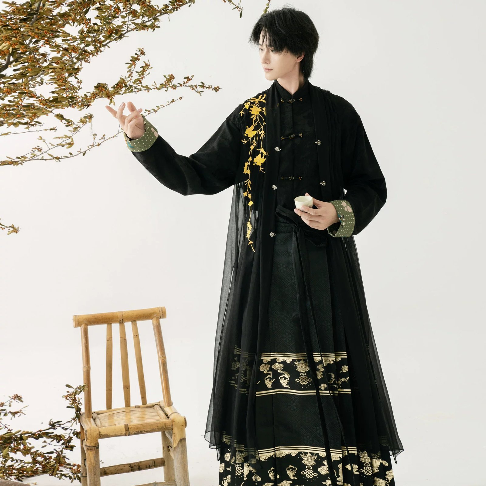 New Chinese Men's Hanfu Set | Stand-Up Collar Jacket, Long Gown Vest & Brocade Horse-Face Skirt - Image 5