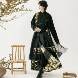 New Chinese Men's Hanfu Set | Stand-Up Collar Jacket, Long Gown Vest & Brocade Horse-Face Skirt